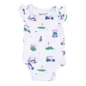 Angel Dear White Golf Cart Print Ruffle-Sleeve Onesie